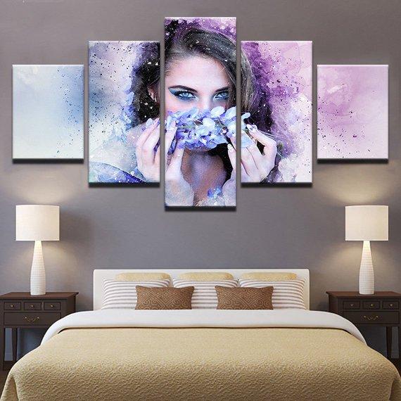 Blue Eyes Girl Beautiful Woman With Flower Wreath Purple – Abstract Canvas Wall Art