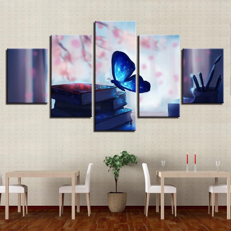 Blue Glowing Butterfly And Book Pen – Animal Canvas Wall Art