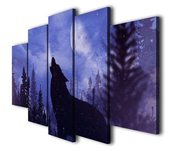 Blue Moon Night Black Wolf Landscape – Animal Canvas Wall Art