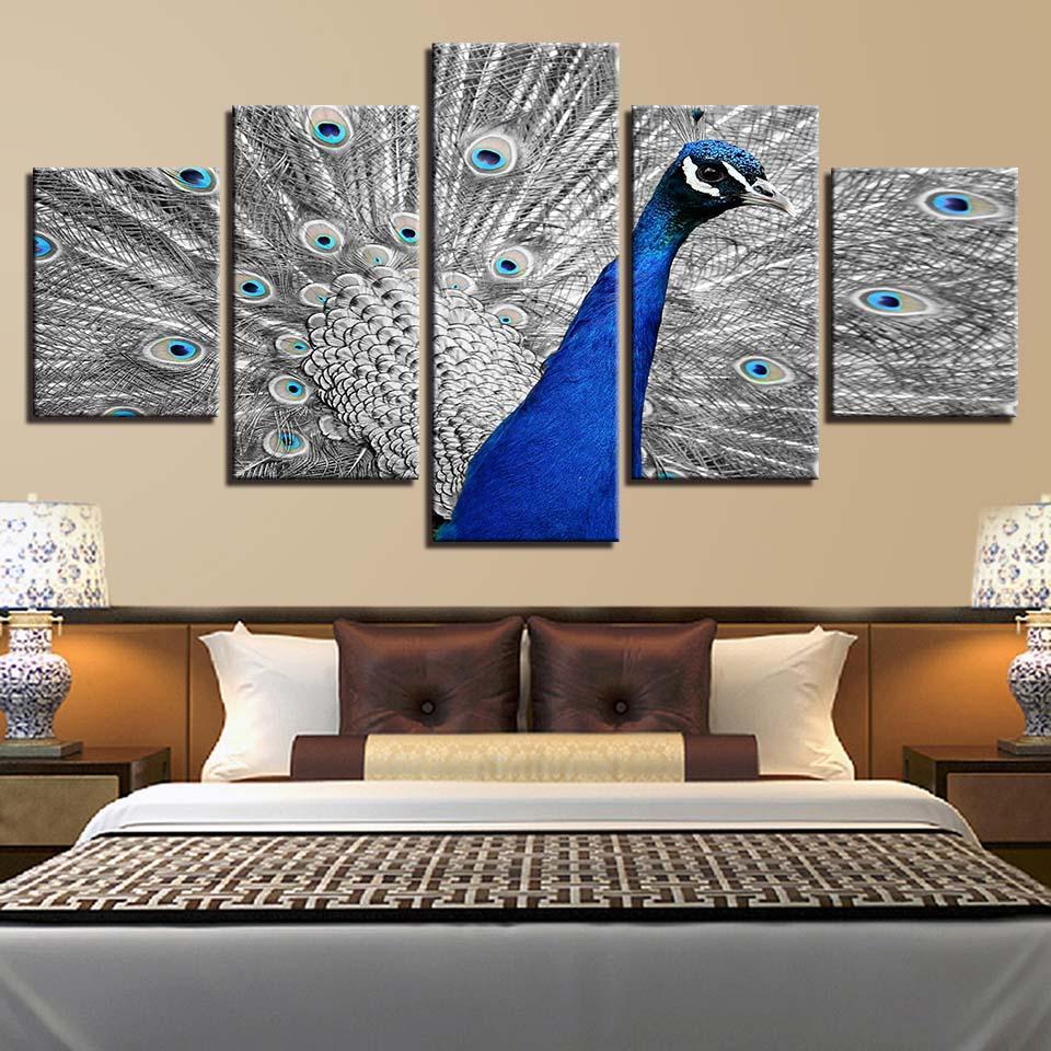 Blue Peacock Gray Tail Screen – Animal Canvas Wall Art