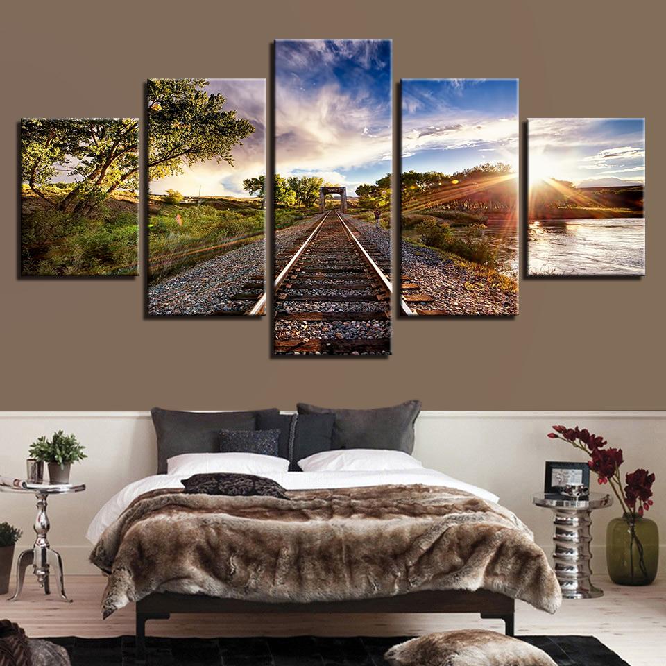 Blue Sky Railway Sights Sunset Trees – Nature Canvas Wall Art