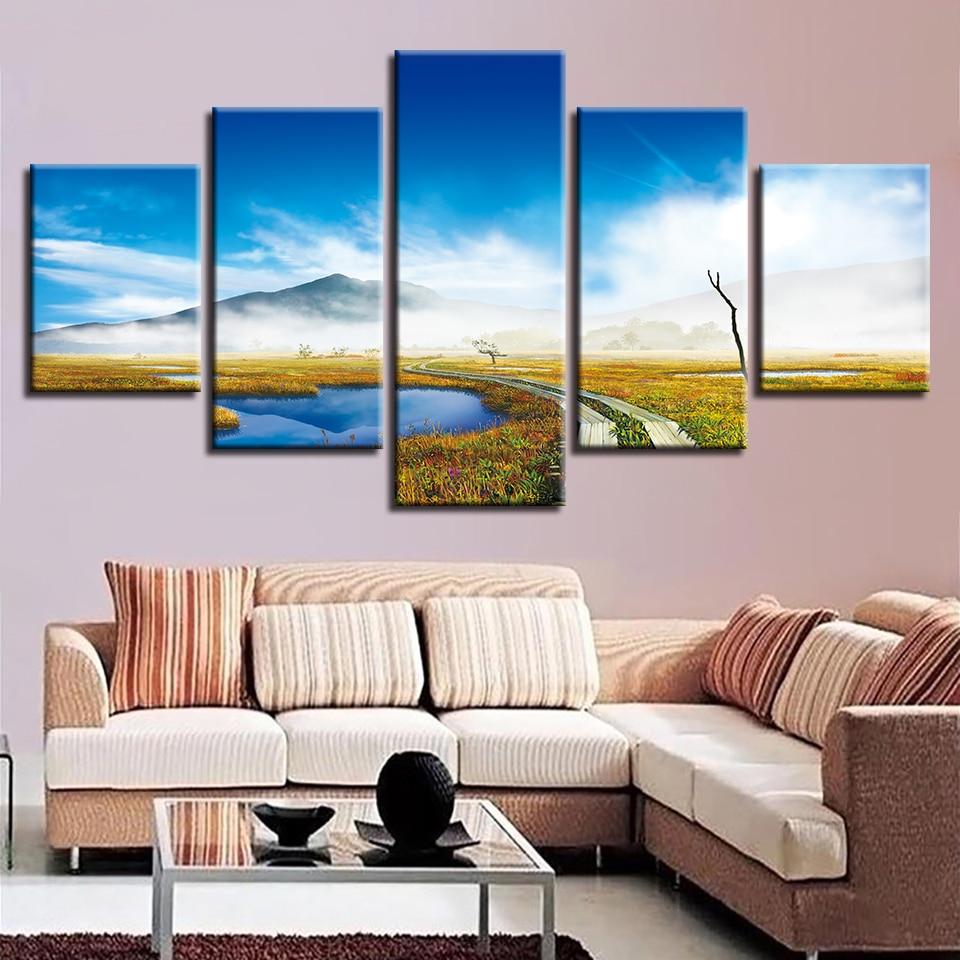 Blue Sky White Cloud Mountain And Trail – Nature Canvas Wall Art