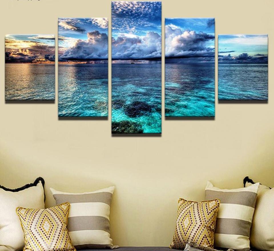 Blue Sky White Clouds Seascape – Nature Canvas Wall Art