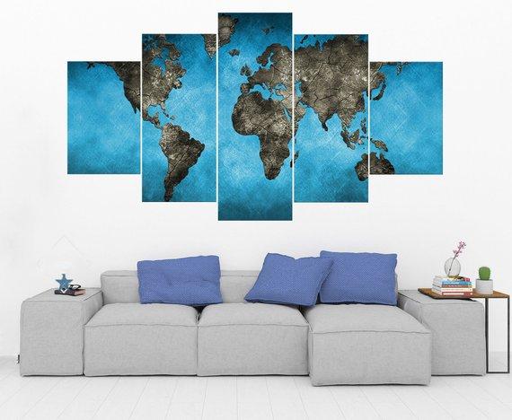 Blue World Map 4 – Abstract Canvas Wall Art