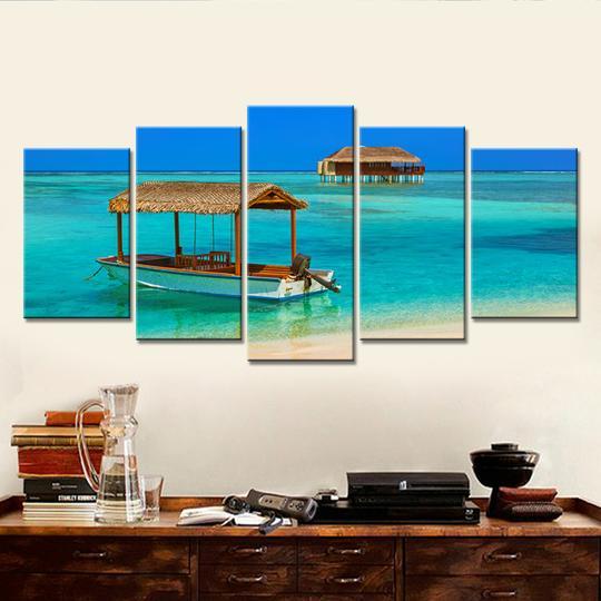 Boat And Tropical Fish Camp Stilt House – Space Canvas Wall Art
