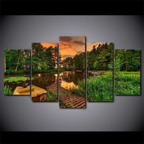 Boat Dock With Forest Sunset Tree Pond 01 – Nature Canvas Wall Art