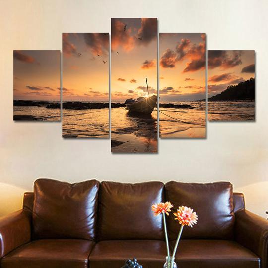 Boat On The Beach At Sunset – Nature Canvas Wall Art