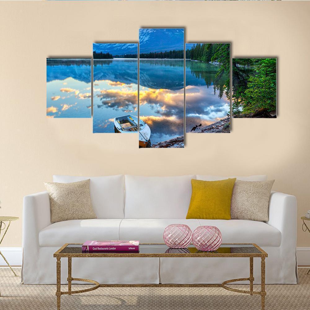 Boat With Rocky Mountains At Edith Lake – Nature Canvas Wall Art