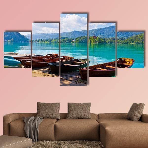 Boats At The Pier Of Bled Lake – Nature Canvas Wall Art