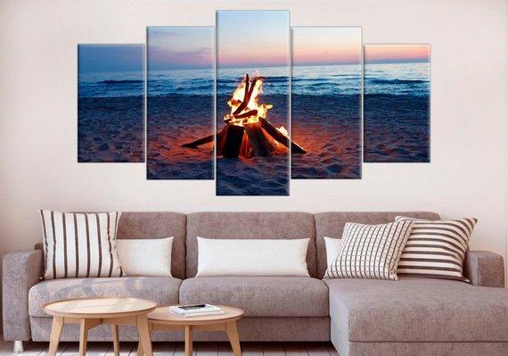 Bonfire On The Beach At Sunset Firewood – Nature Canvas Wall Art