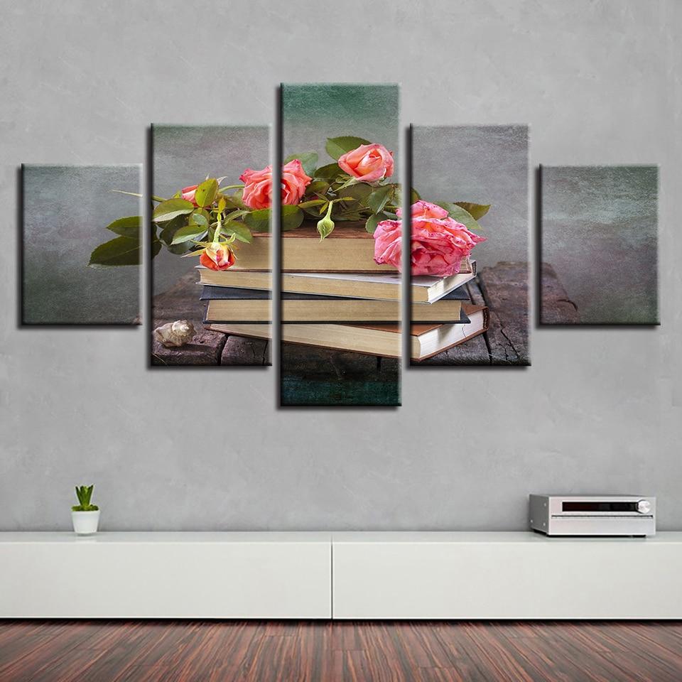 Books And Pink Flower – Abstract Canvas Wall Art
