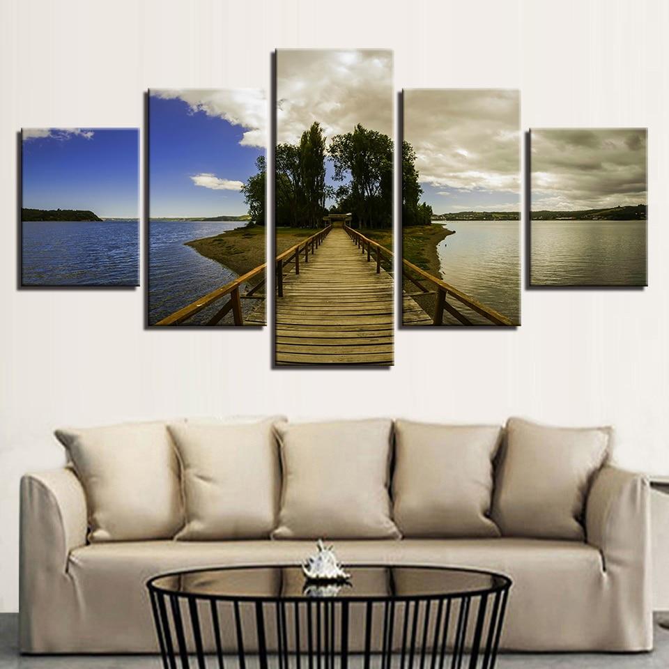 Bridge Green Trees Blue Sky And Sea – Nature Canvas Wall Art
