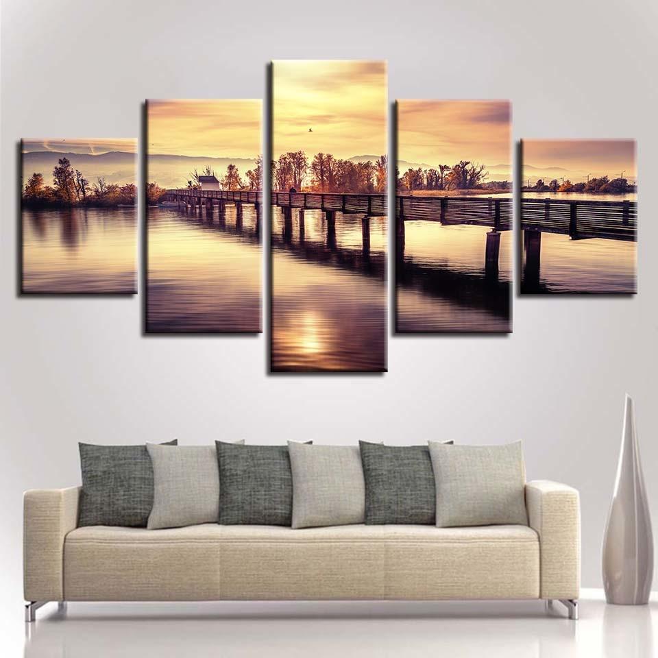 Bridge Lake Sunset Dusk – Nature Canvas Wall Art