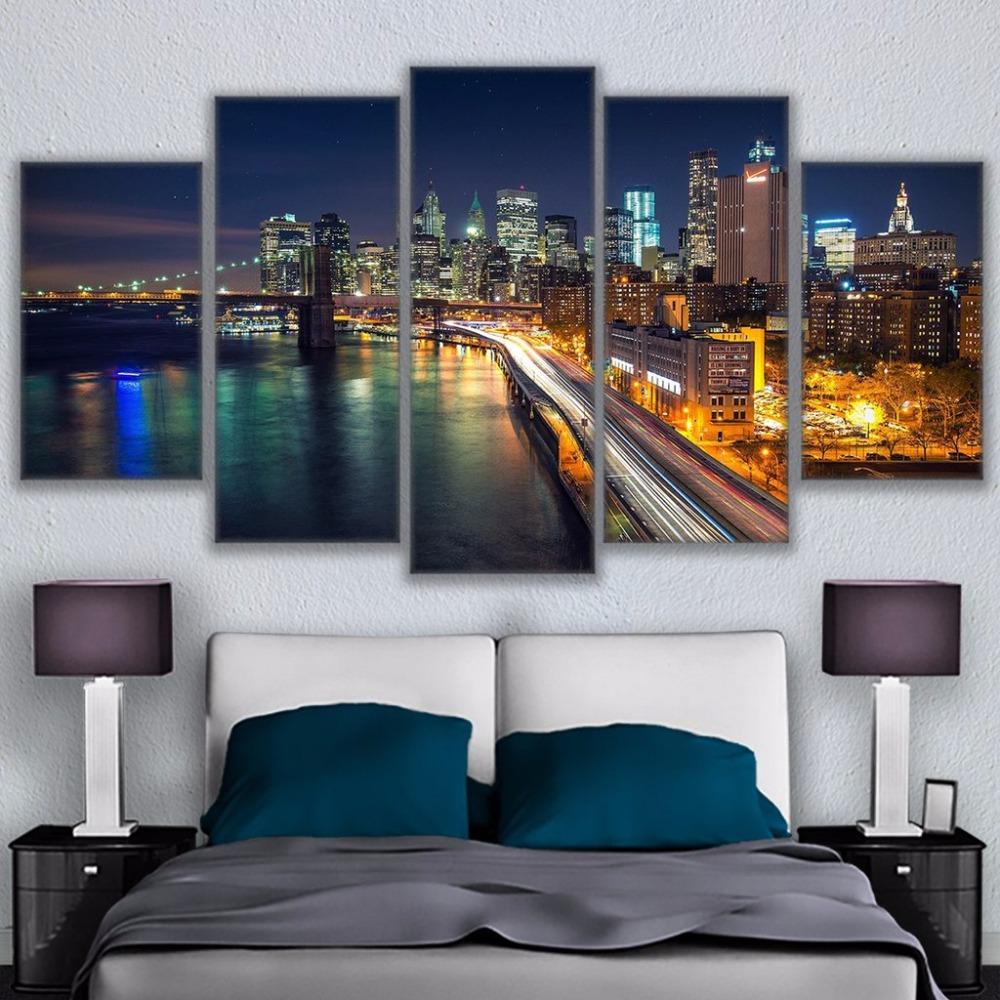 Brooklyn Bridge Waterfront City Nightscape – Nature Canvas Wall Art