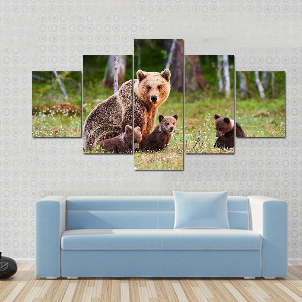 Brown Mother Bear Protecting Her Cubs Animal – Canvas Wall Art