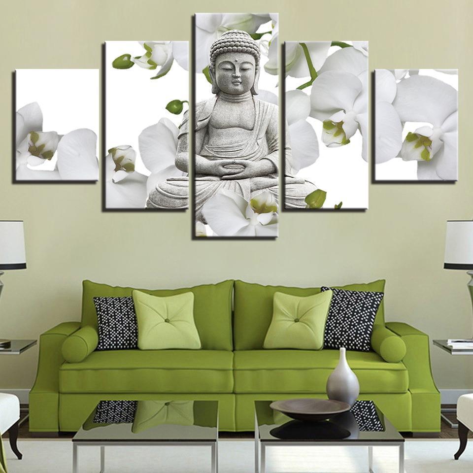 Buddha And Flower White Butterfly Orchid – Religion Canvas Wall Art