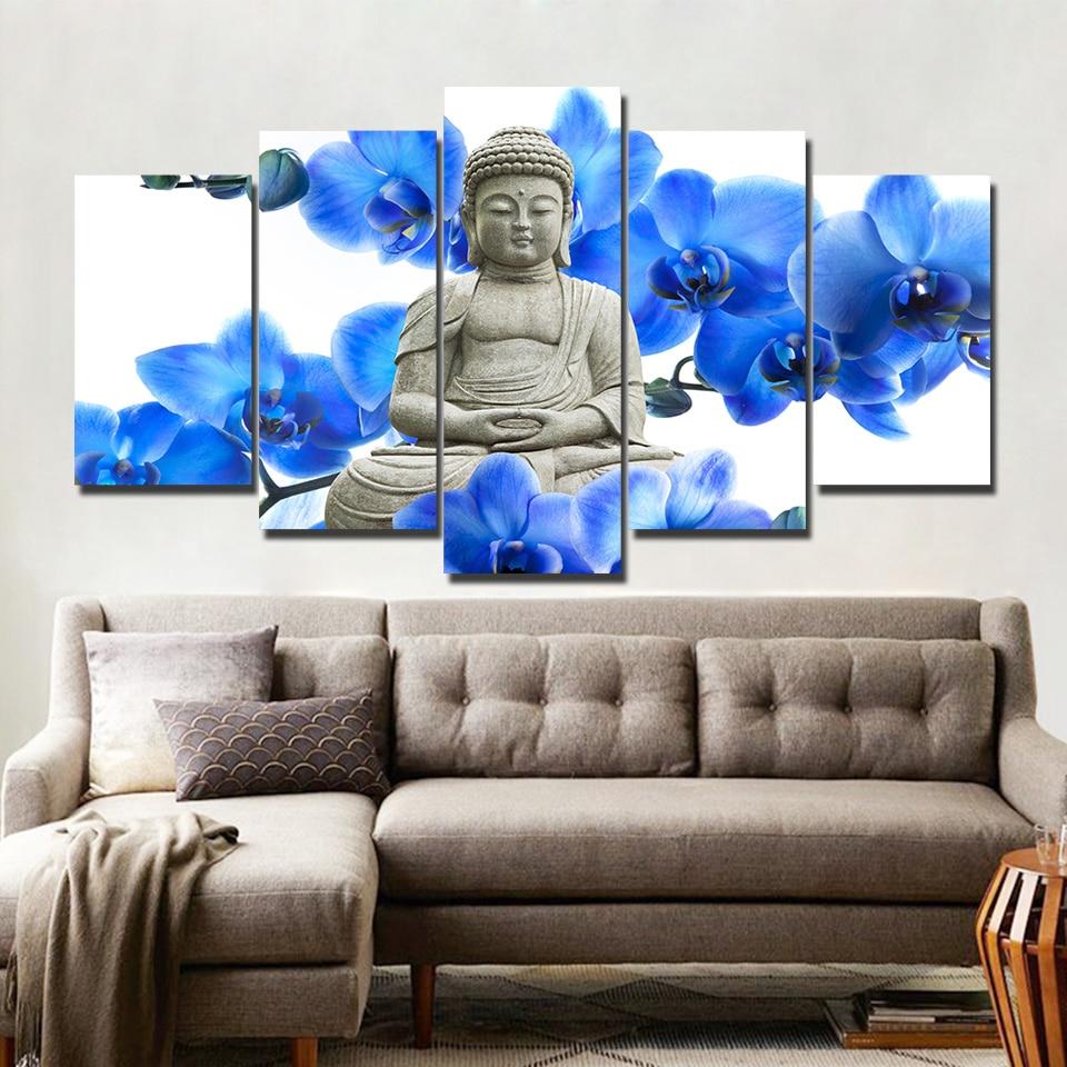 Buddha Blue Flowers – Religion Canvas Wall Art