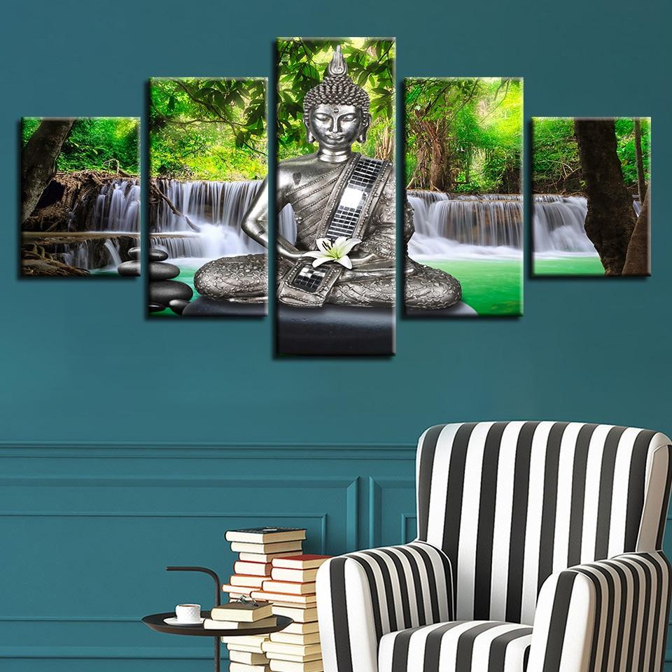 Buddha Meditation And Lilies Waterfall – Religion Canvas Wall Art