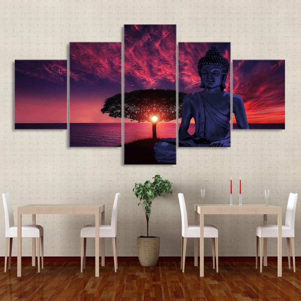 Buddha Statue Sunset Rosy Clouds – Religion Canvas Wall Art