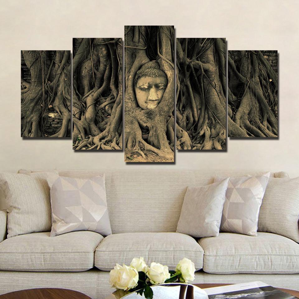 Buddha Statue Tree Root – Religion Canvas Wall Art