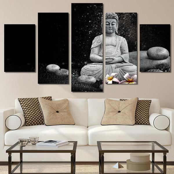 Buddha Stones And Flowers Black And White – Religion Canvas Wall Art