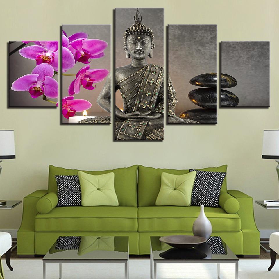 Buddha With Flower Moth Orchid Stone Candle – Religion Canvas Wall Art