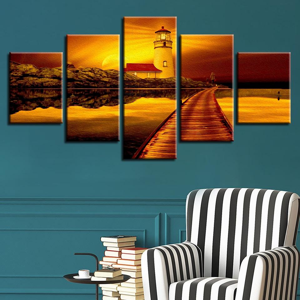 Building Bridge Trees Lake Sunset – Nature Canvas Wall Art