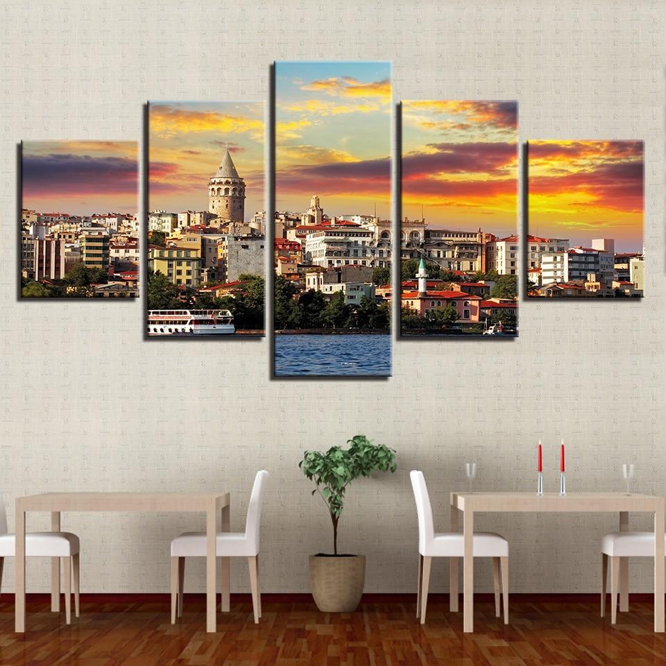 Building Tree And Ship River – Nature Canvas Wall Art