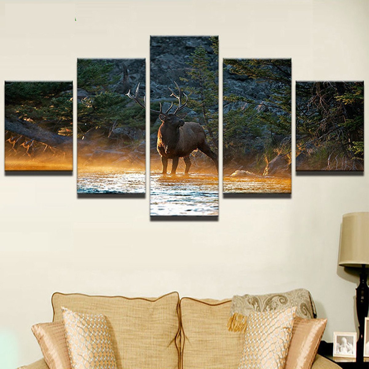 Bull Elk In Stream Morning Mist 1 – Animal Canvas Wall Art