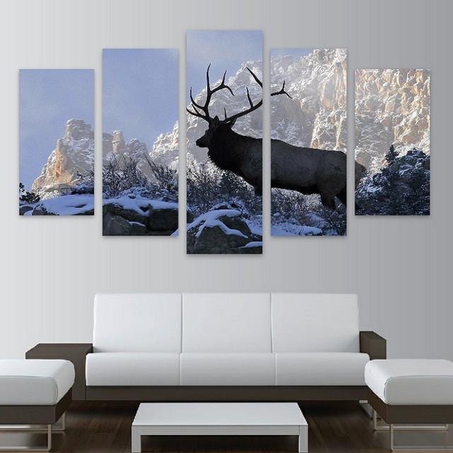 Bull Elk On Snowy Mountain Side – Animal Canvas Wall Art
