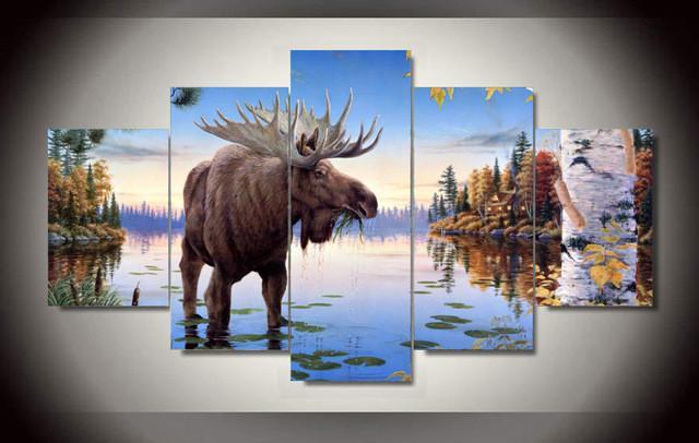 Bull Moose Feeding In Shallows – Animal Canvas Wall Art