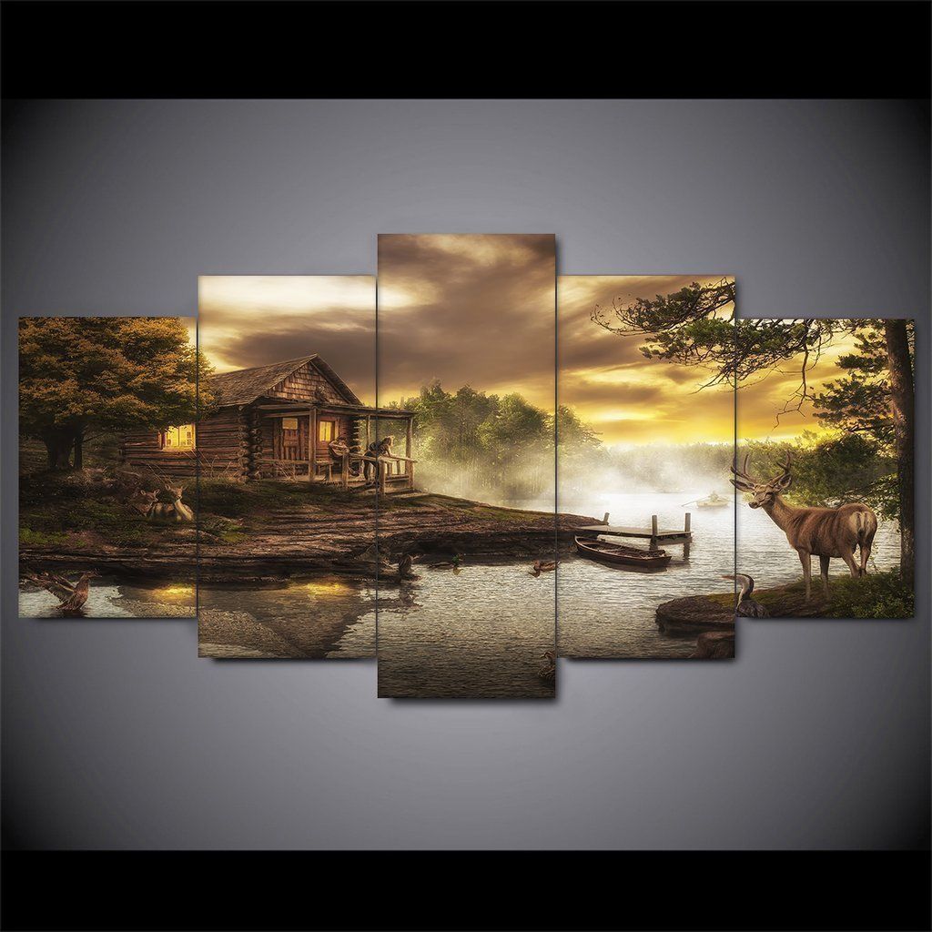 Cabin On The Lake Deer Nature River Nature – Canvas Wall Art