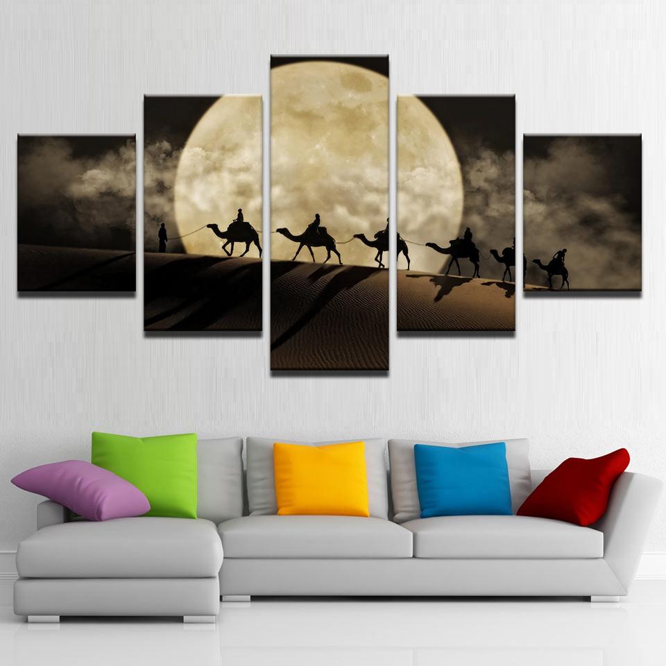 Camel Team Porter Full Moon In Desert – Nature Canvas Wall Art