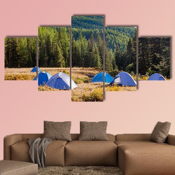 Camping Tents On A River Shore In Altai Mountains – Nature Canvas Wall Art