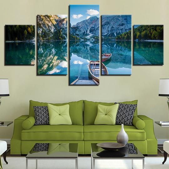 Canoes On Mountain Lake – Nature Canvas Wall Art