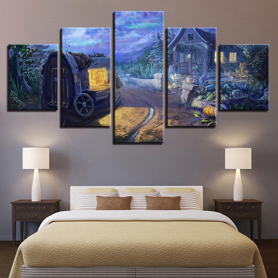Carriage Wooden House Pumpkin Night – Nature Canvas Wall Art