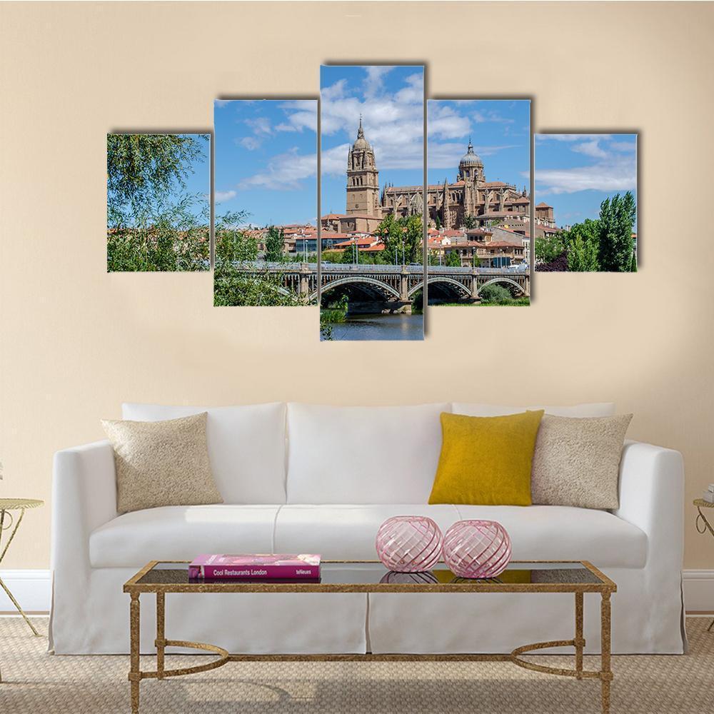 Cathedrals Of Salamanca With Iron Bridge Over River Tormes – Religion Canvas Wall Art