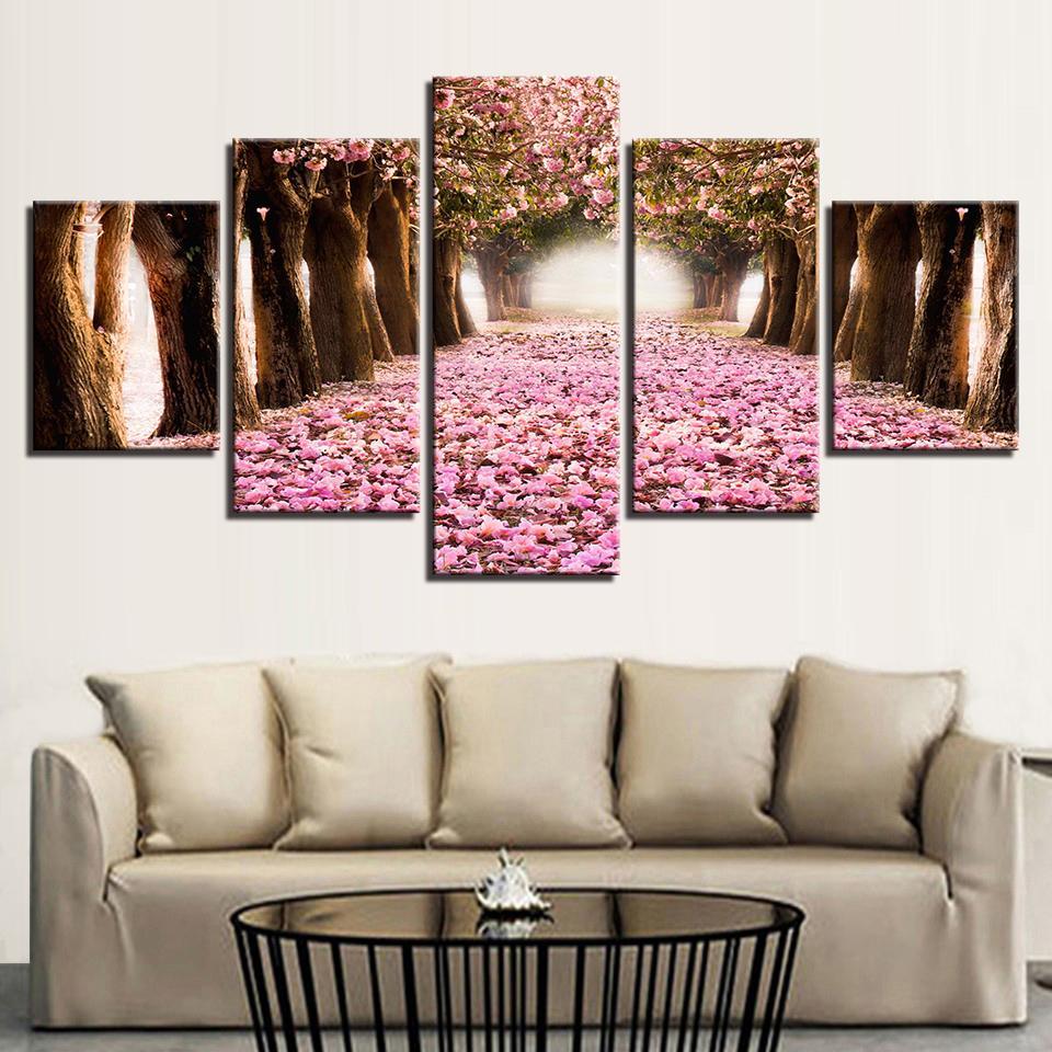 Cherry Blossoms Forest Path Flowers Trees Nature – Nature Canvas Wall Art
