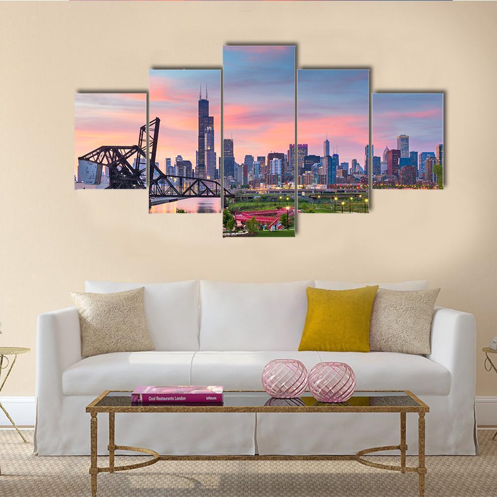 Chicago Downtown Skyline At Twilight – Nature Canvas Wall Art