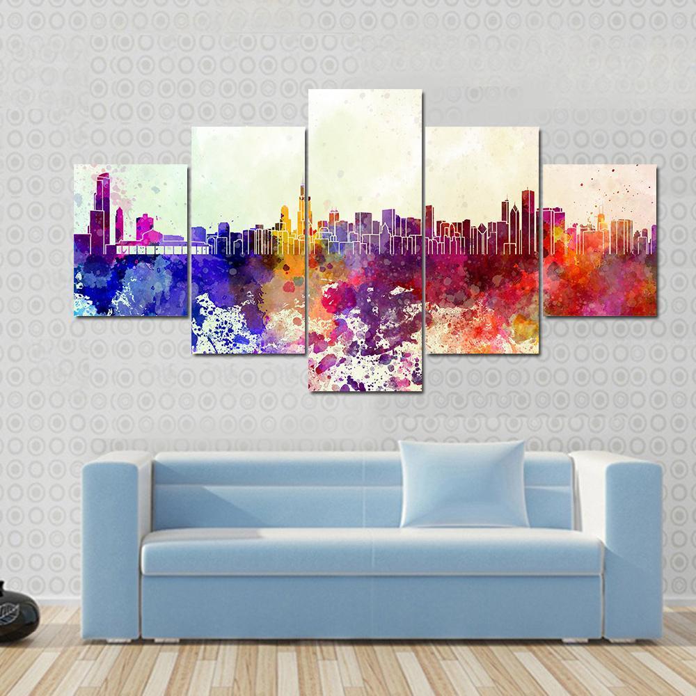 Chicago Skyline In Watercolor – Abstract Nature 5 Panel Canvas Art Wall Decor - Pencil Canvas