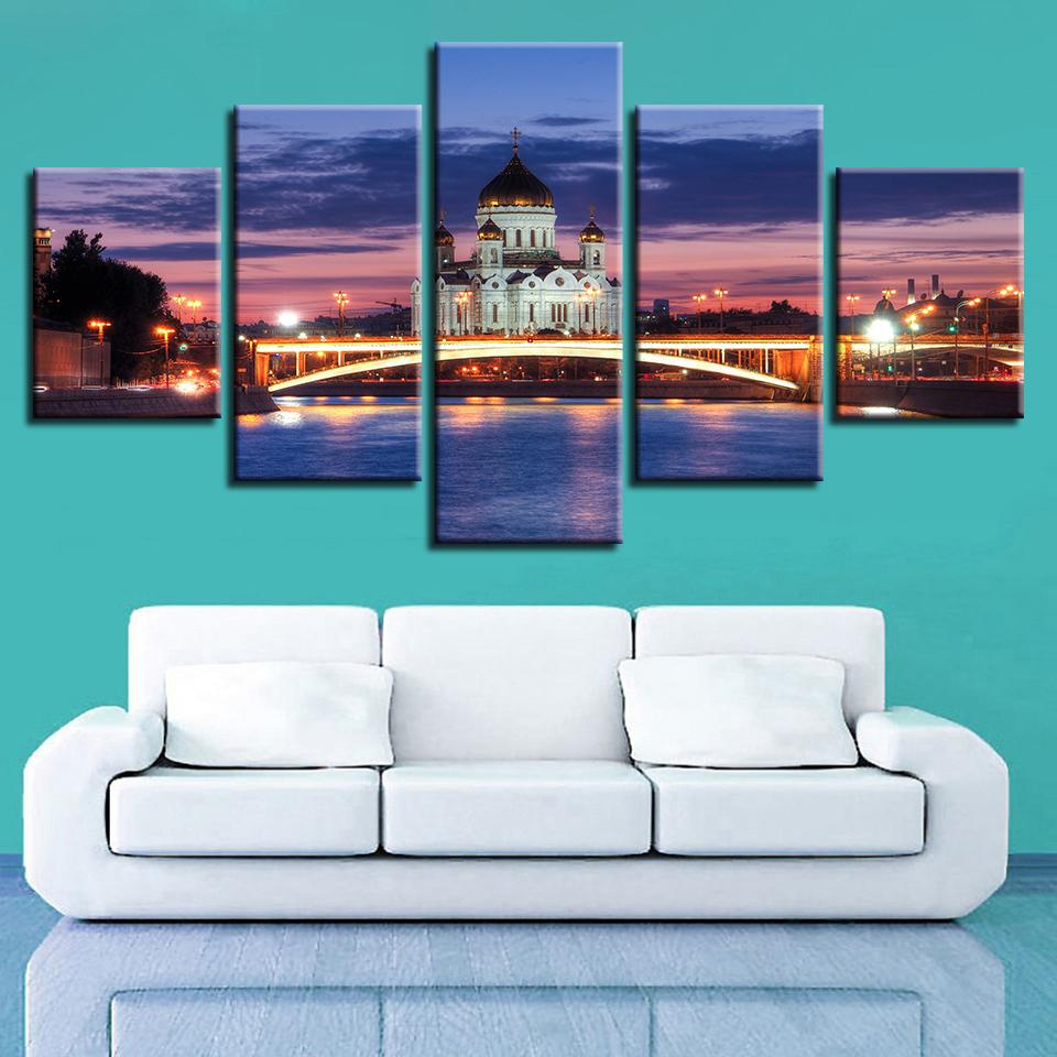 Christian Church And Bridge Night – Nature Canvas Wall Art