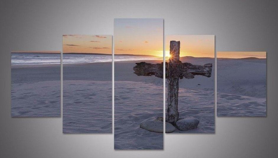 Christian Cross Sand Beach Ocean – Religion Canvas Wall Art
