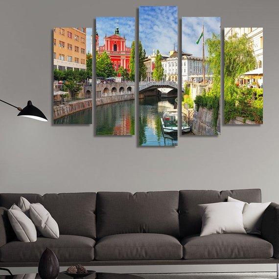 Church And River Ljubljanica In Ljubljana – Nature Canvas Wall Art