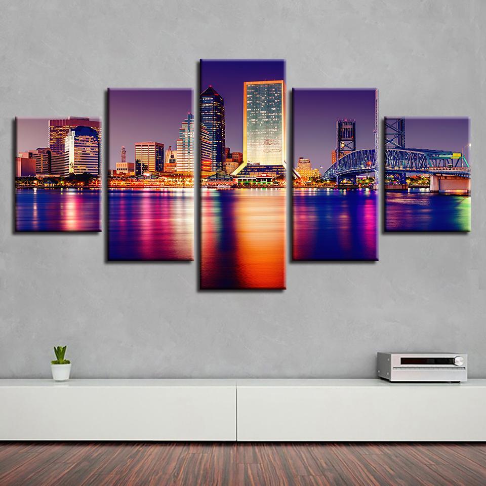 City Building And Bridge Night – Nature Canvas Wall Art