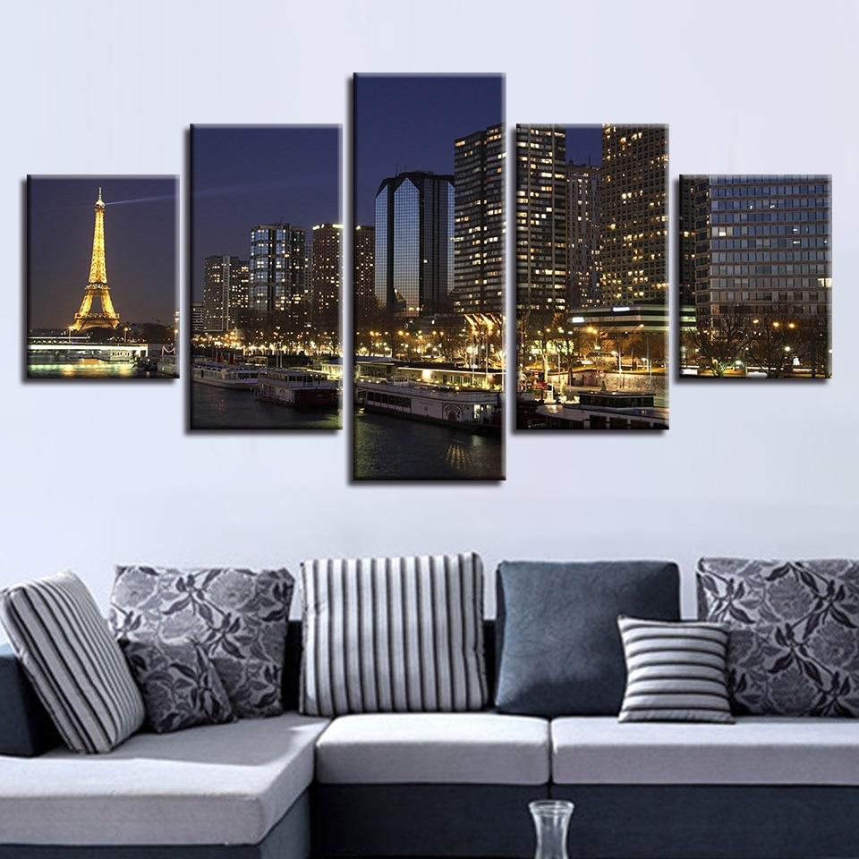 City Buildings Iron Tower And Ship Night View – Nature Canvas Wall Art