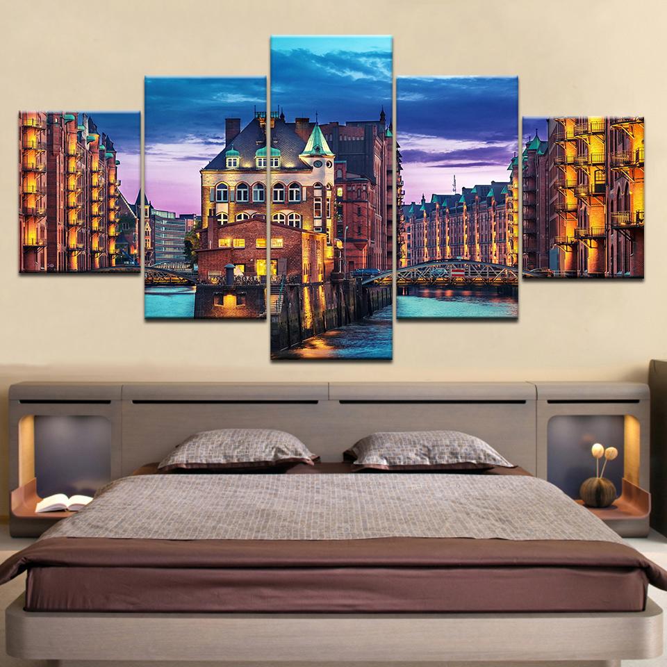 City Germany Hamburg Light Man Made Night – Nature Canvas Wall Art