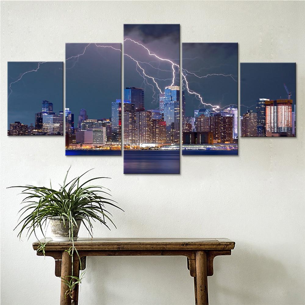 City Night Scene Lightning – Nature Canvas Wall Art