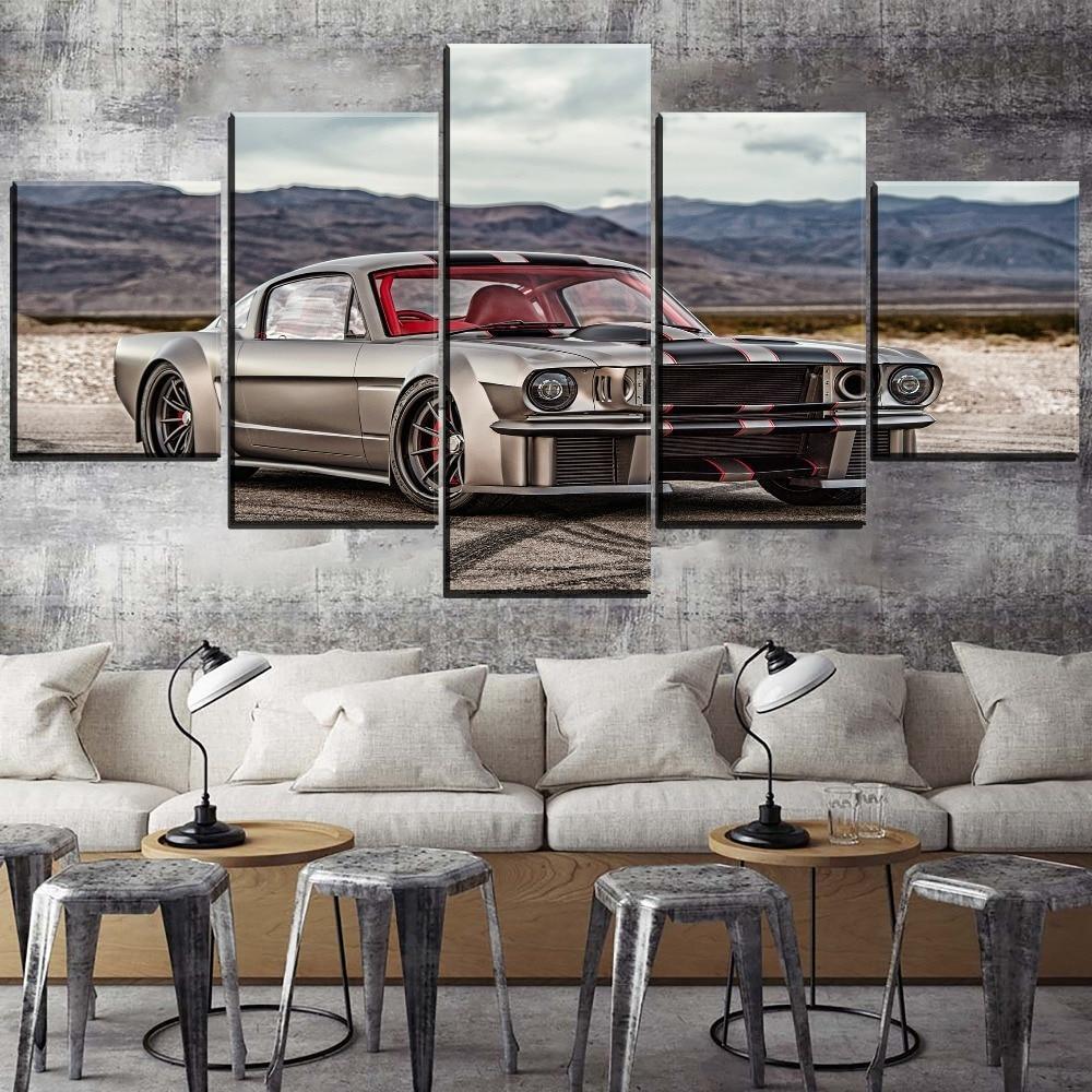 Classic Silver Muscle Ford Mustang Car &Amp; Motor – Canvas Wall Art