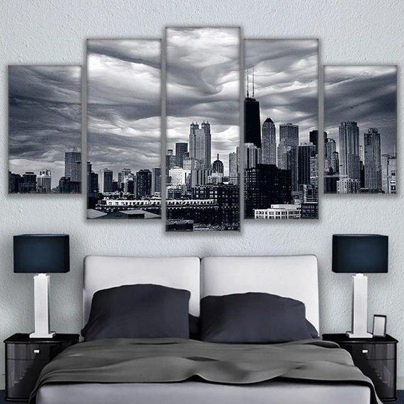 Cloudy Chicago Black White Landscape – Nature Canvas Wall Art