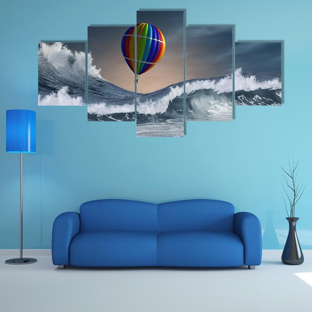 Colored Aerostat Flying Above Stromy Sea – Abstract Canvas Wall Art